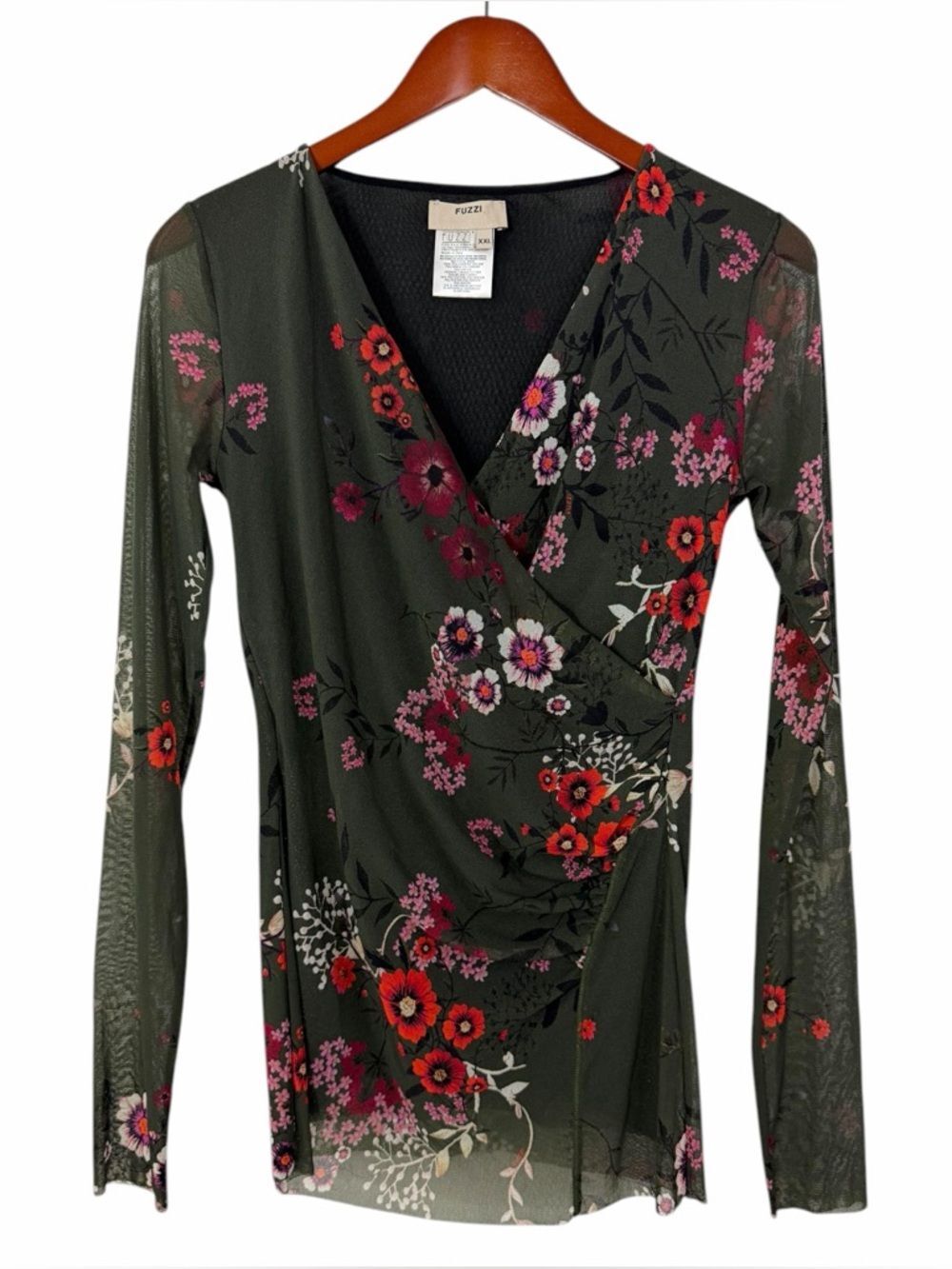 Fuzzi Green Floral Mesh Wrap Top Ruched Sheer Long Sleeve Whimsigoth Dream XXL